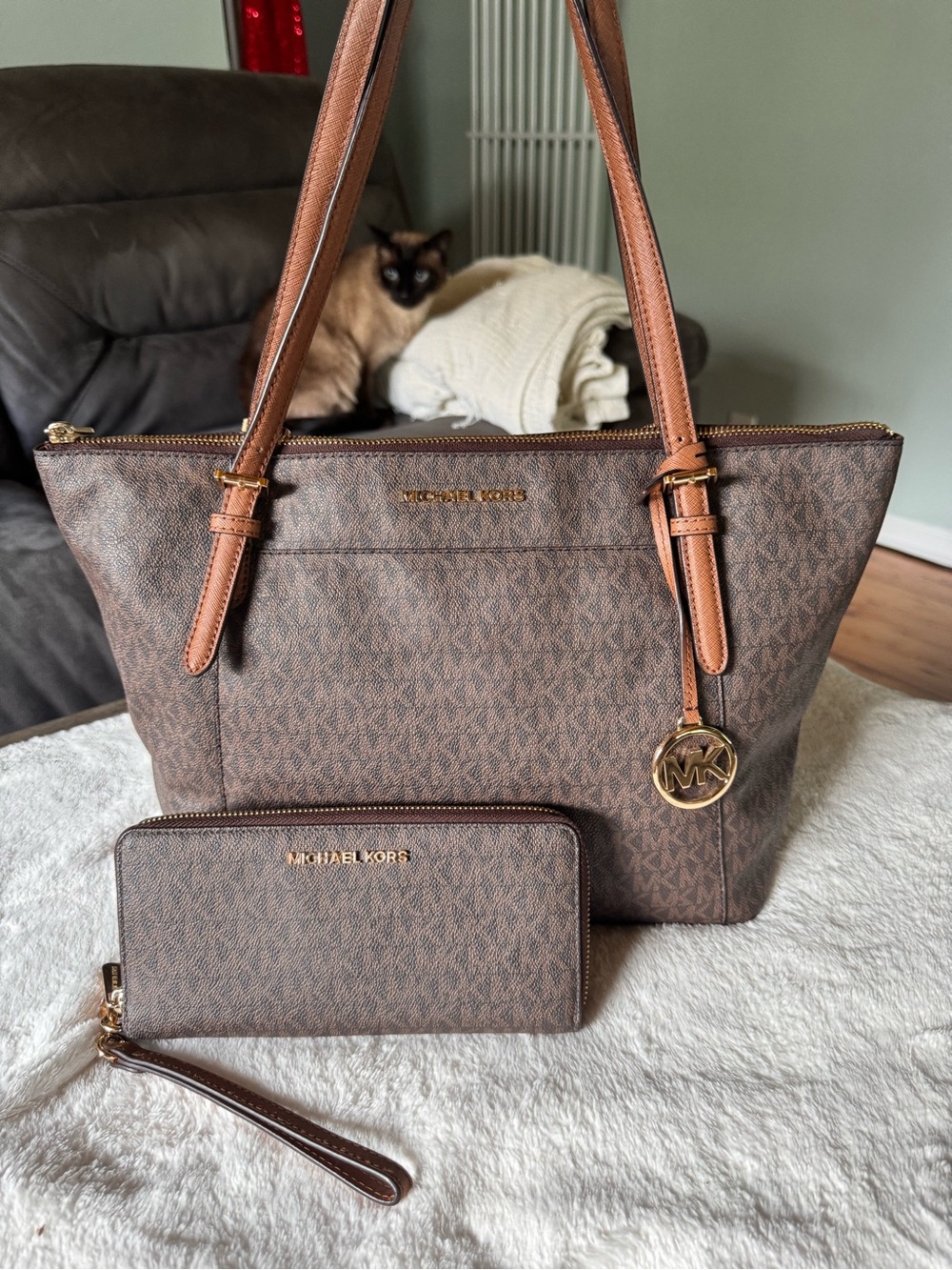 Michael Kors Brown/Tan Signature Tote with Matching Wallet